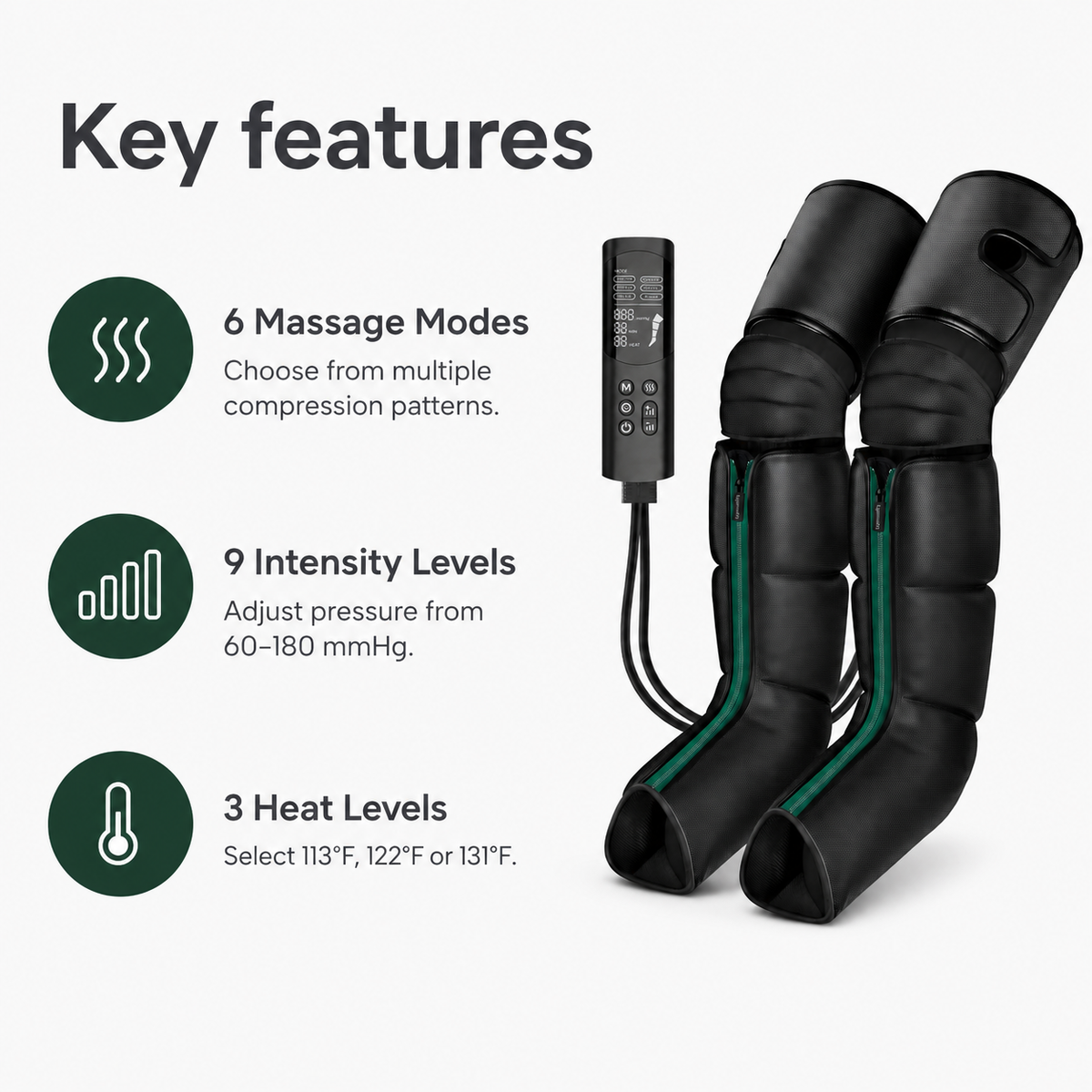 Air Compression Leg Massager with Heat, 6 Modes, 9 Intensity Levels & Full-Leg Compression Boots