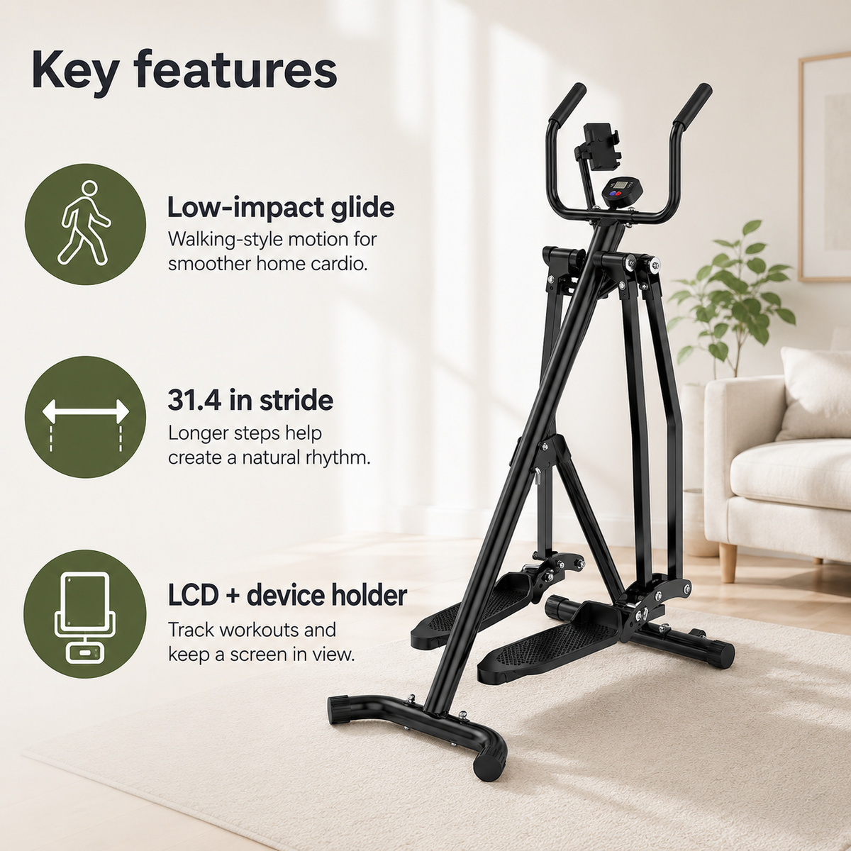 Air Walker Exercise Machine, Foldable Low-Impact Cardio Glider with 31.4-Inch Stride, LCD Monitor & Device Holder
