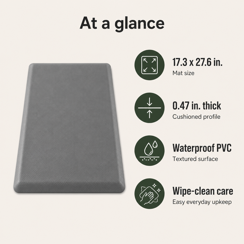 Anti-Fatigue Standing Mat with Waterproof PVC Surface & Non-Slip Base for Kitchen or Standing Desk, 17.3 x 27.6 in