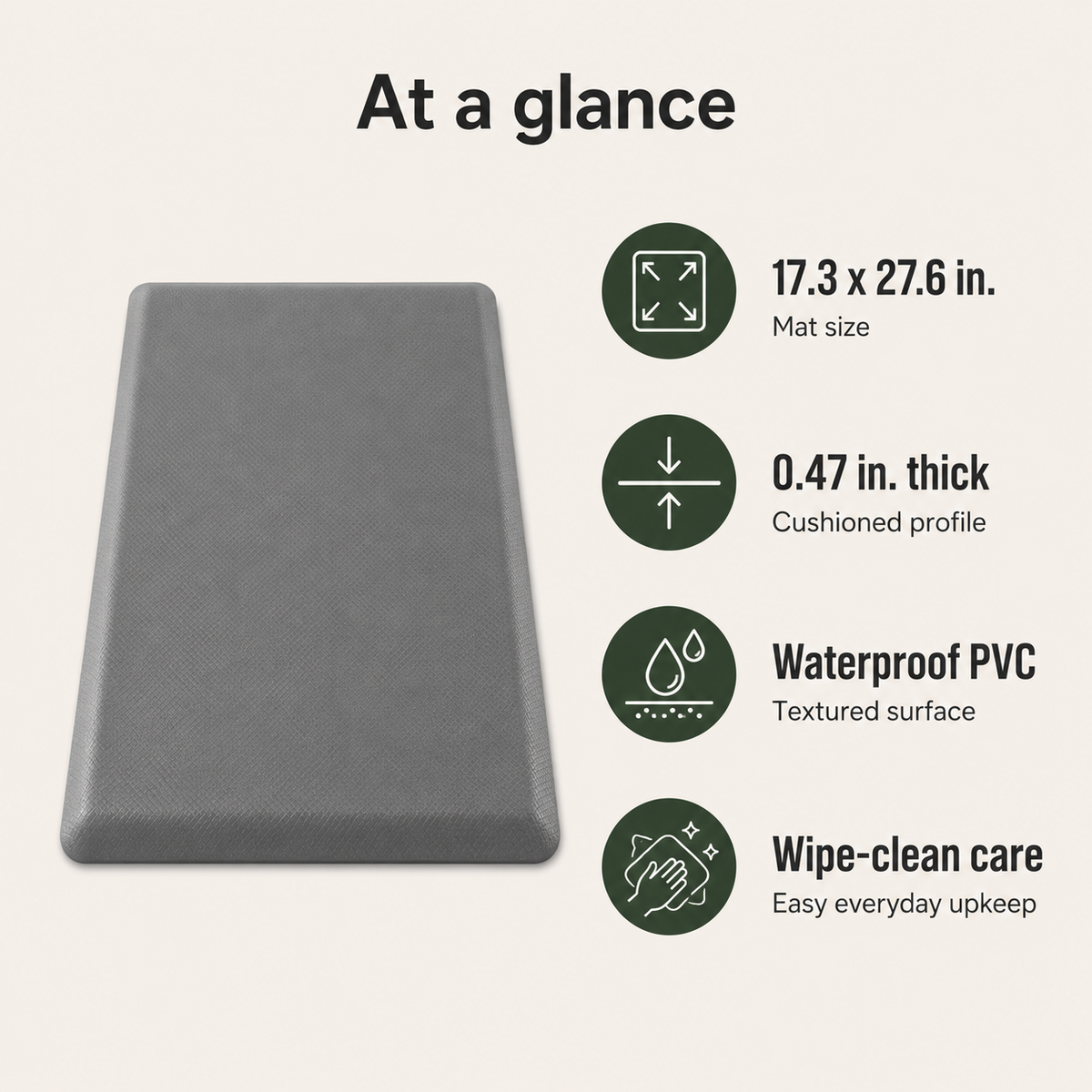 Anti-Fatigue Standing Mat with Waterproof PVC Surface & Non-Slip Base for Kitchen or Standing Desk, 17.3 x 27.6 in