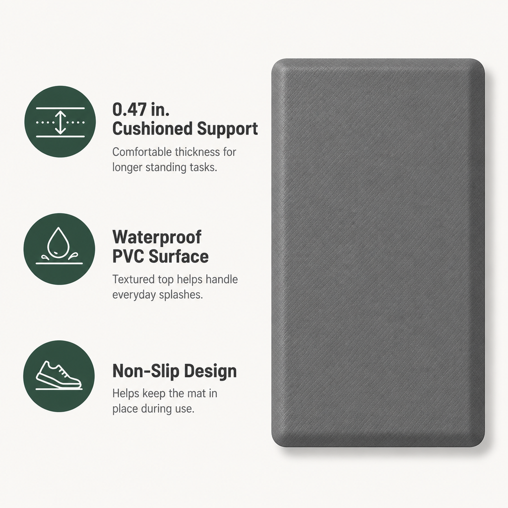Anti-Fatigue Standing Mat with Waterproof PVC Surface & Non-Slip Base for Kitchen or Standing Desk, 17.3 x 27.6 in
