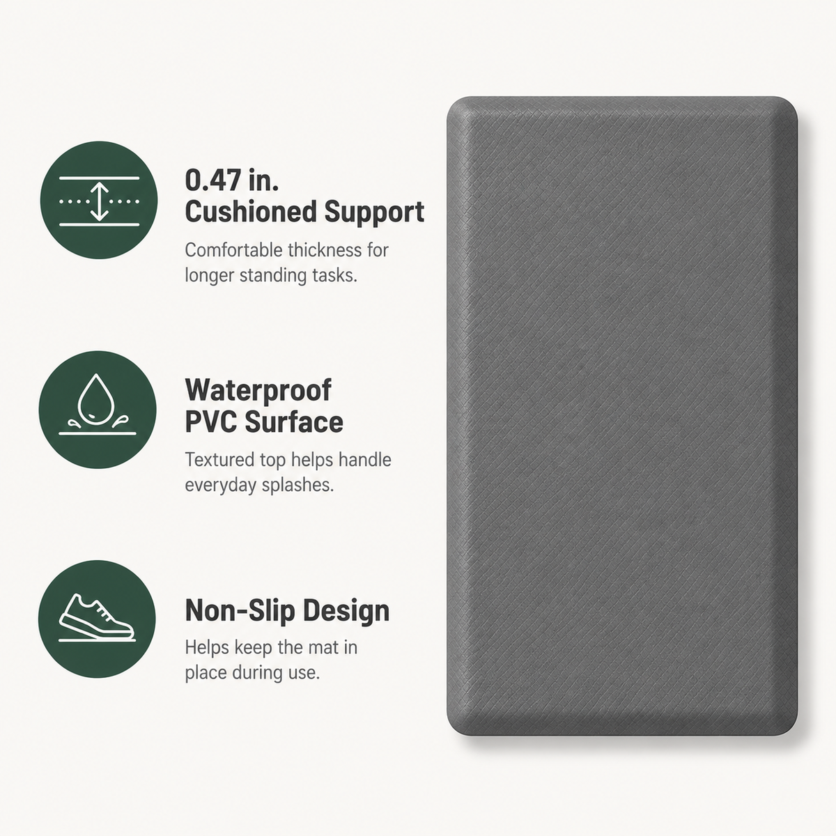 Anti-Fatigue Standing Mat with Waterproof PVC Surface & Non-Slip Base for Kitchen or Standing Desk, 17.3 x 27.6 in