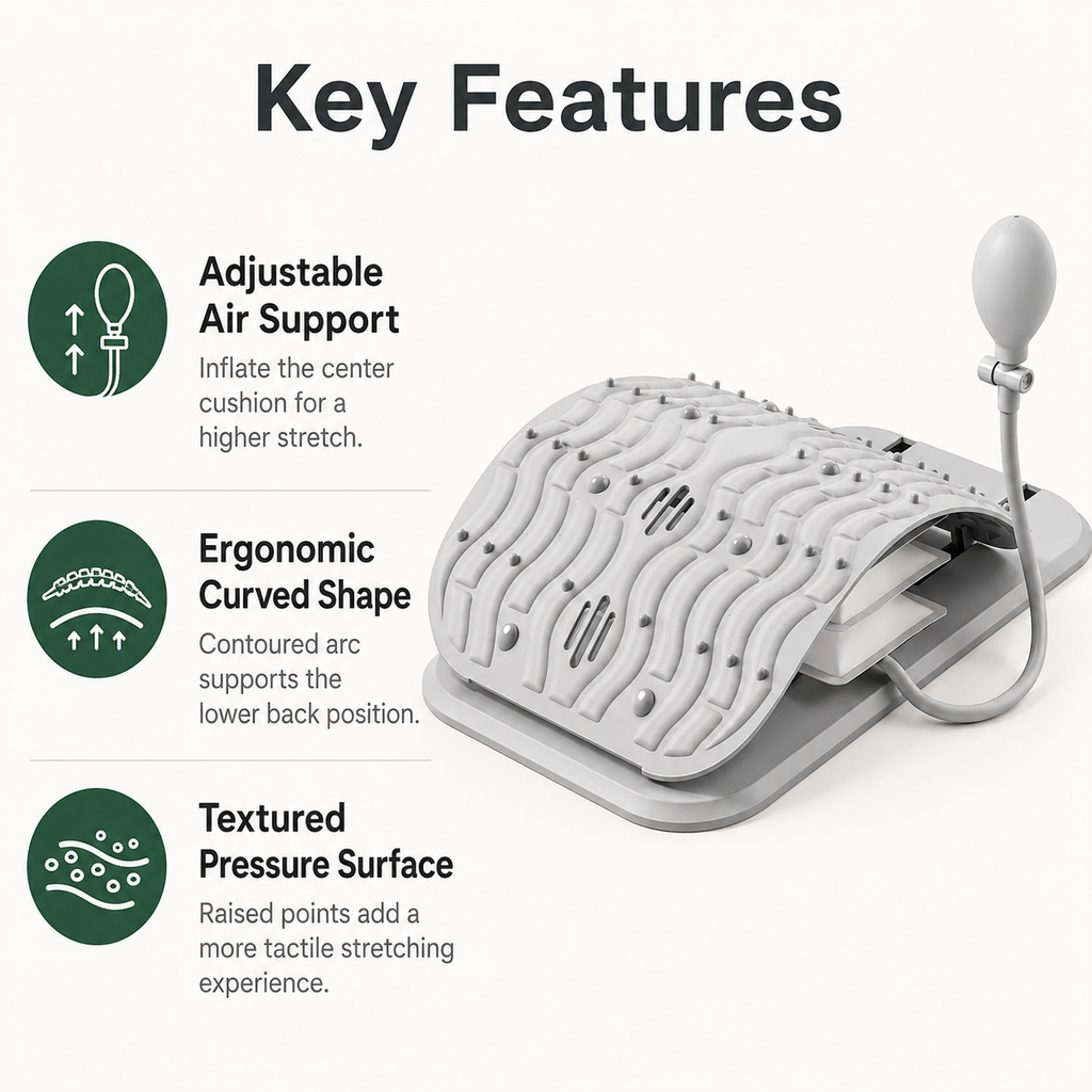 Back Stretcher with Adjustable Inflatable Lumbar Support, Acupressure Points and Manual Hand Pump