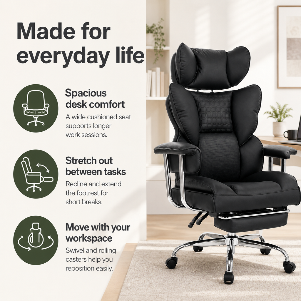 Big & Tall Executive Office Chair with Footrest, 350 lb Capacity, 90°–135° Recline & Wide Seat