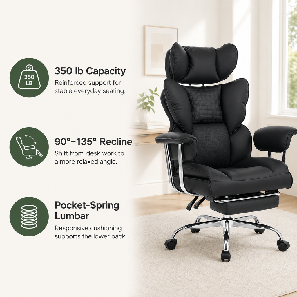Big & Tall Executive Office Chair with Footrest, 350 lb Capacity, 90°–135° Recline & Wide Seat