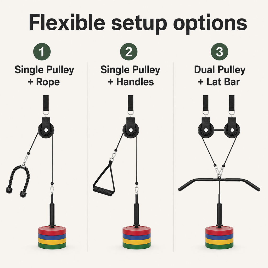 Cable Pulley System for Home Gym with Lat Bar, Triceps Rope, Quiet Rollers & 265 lb Capacity  Description