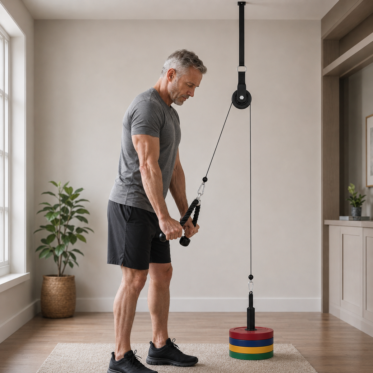 Cable Pulley System for Home Gym with Lat Bar, Triceps Rope, Quiet Rollers & 265 lb Capacity  Description