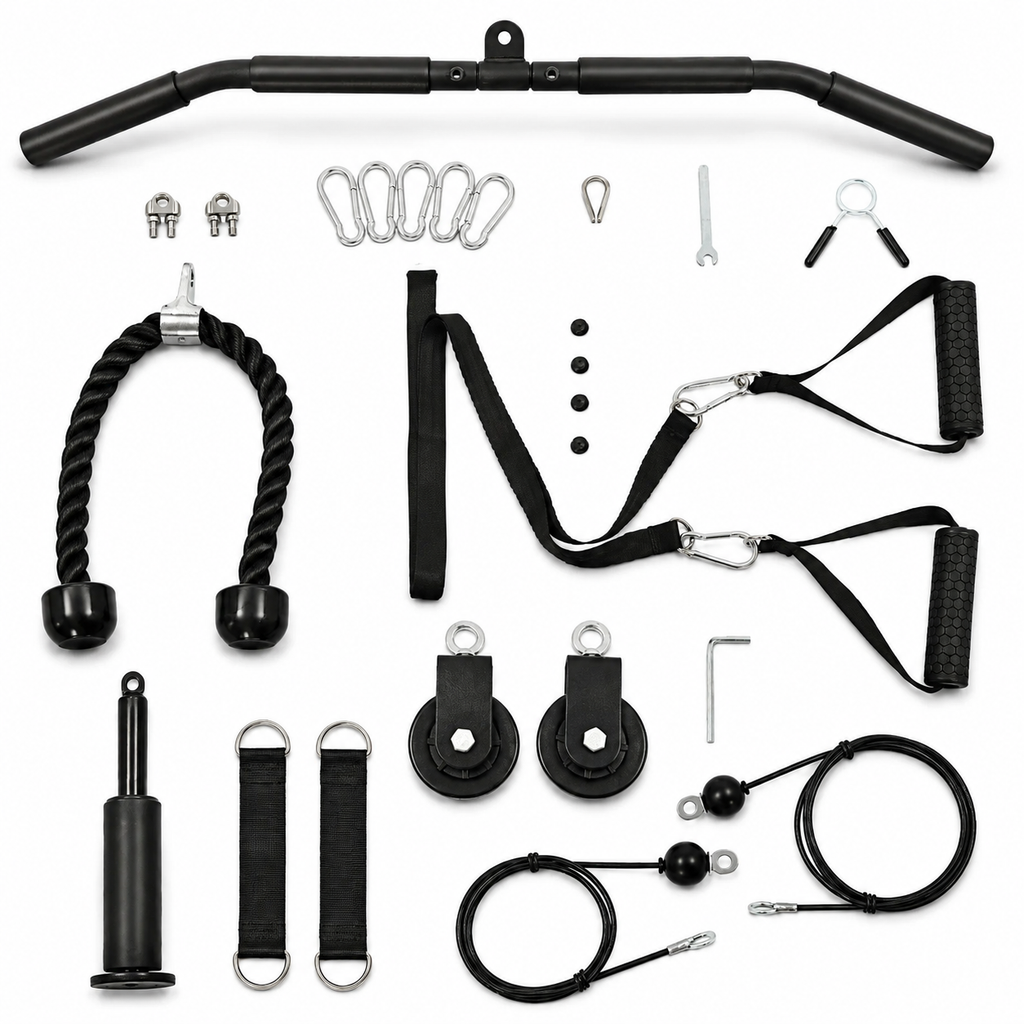 Cable Pulley System for Home Gym with Lat Bar, Triceps Rope, Quiet Rollers & 265 lb Capacity  Description