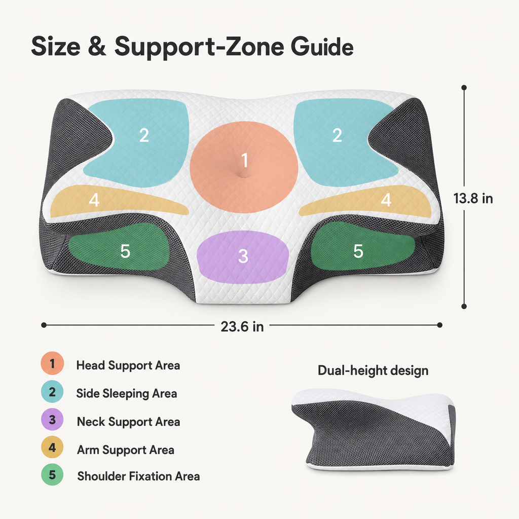 Cervical Memory Foam Pillow, 23.6 x 13.8 in Dual-Height Neck Support with Breathable Cover for Side, Back & Stomach Sleepers