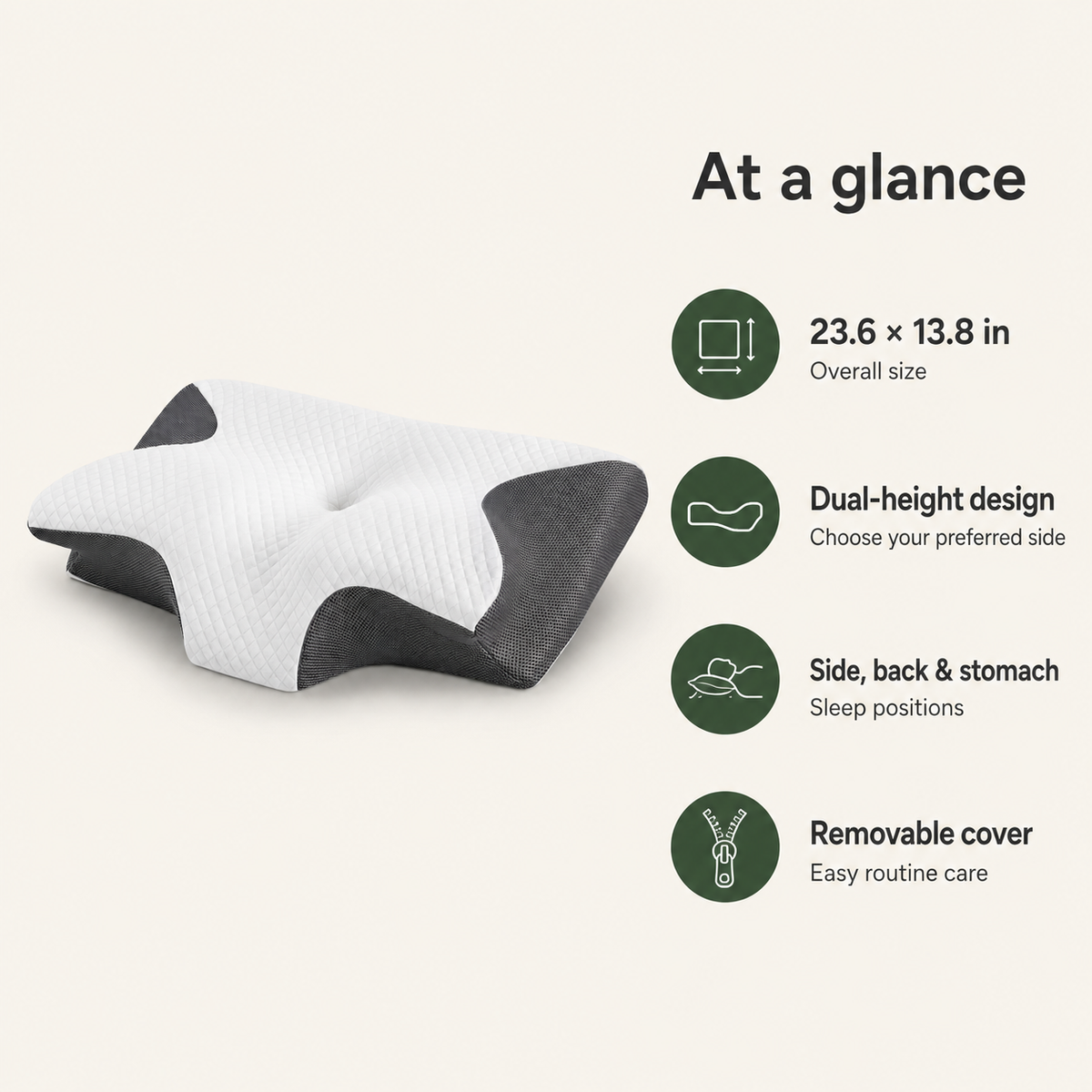 Cervical Memory Foam Pillow, 23.6 x 13.8 in Dual-Height Neck Support with Breathable Cover for Side, Back & Stomach Sleepers