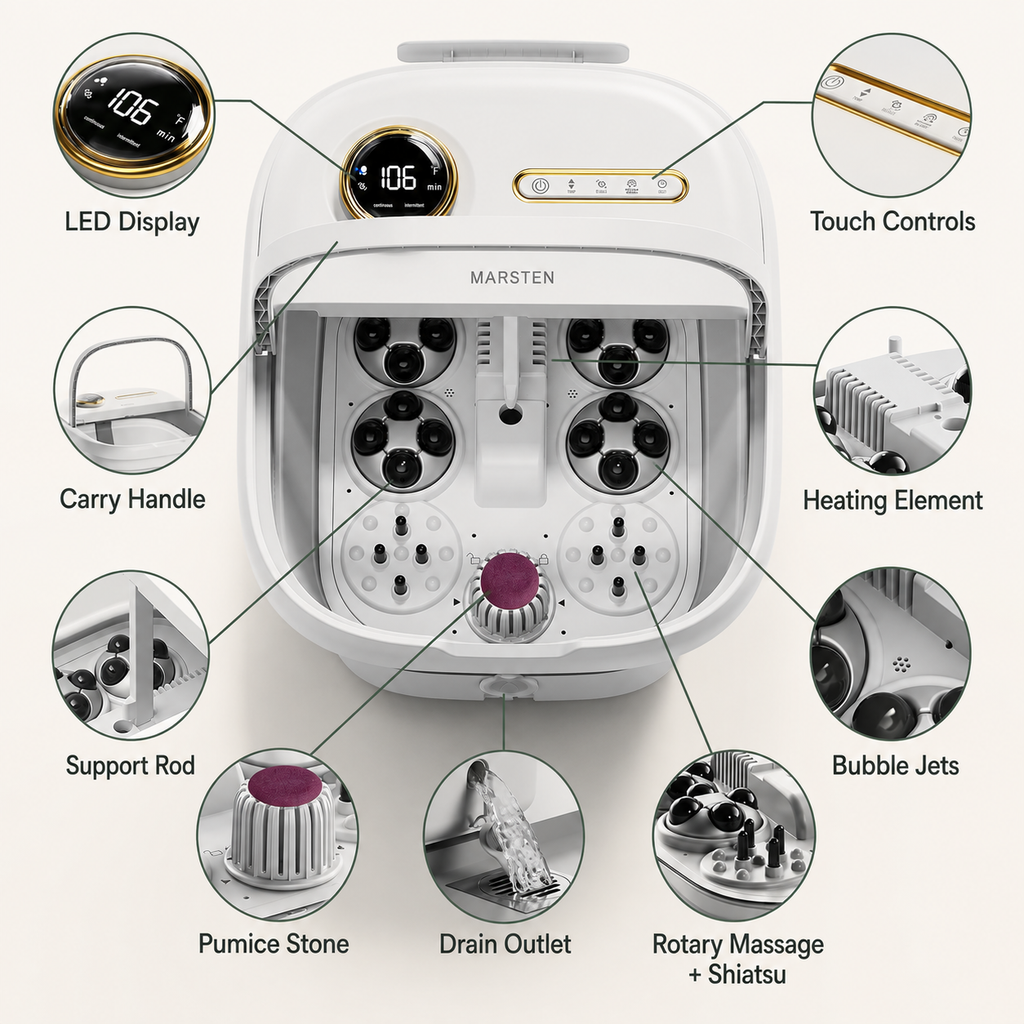 Collapsible Heated Foot Spa Bath Massager with Rotary Rollers, Bubbles, Water Jets and Touch Controls