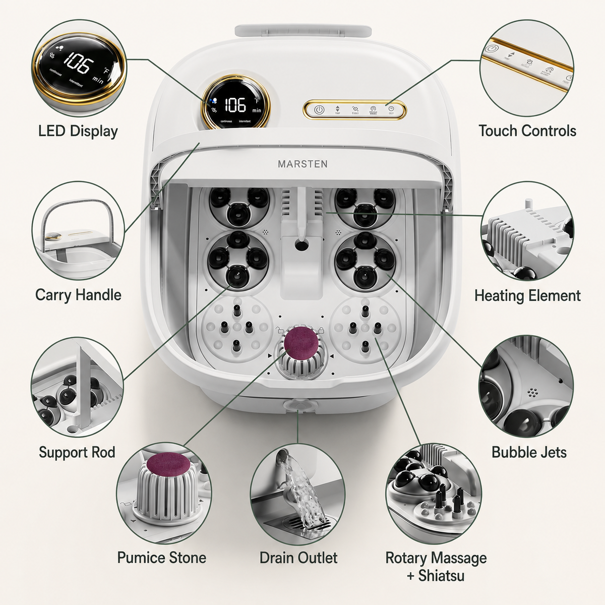 Collapsible Heated Foot Spa Bath Massager with Rotary Rollers, Bubbles, Water Jets and Touch Controls