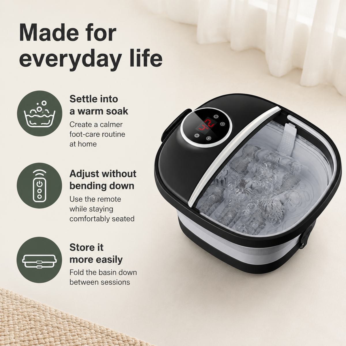 Collapsible Heated Foot Spa with 6 Massage Rollers, Bubbles, Remote Control, 24 Heat Settings and Timer
