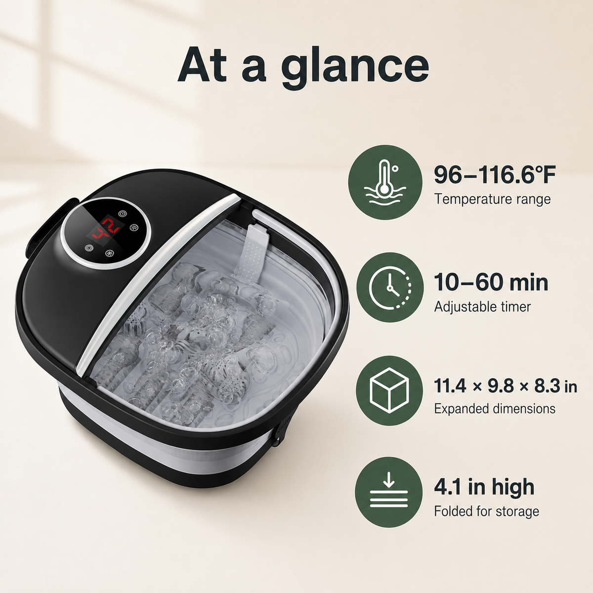 Collapsible Heated Foot Spa with 6 Massage Rollers, Bubbles, Remote Control, 24 Heat Settings and Timer
