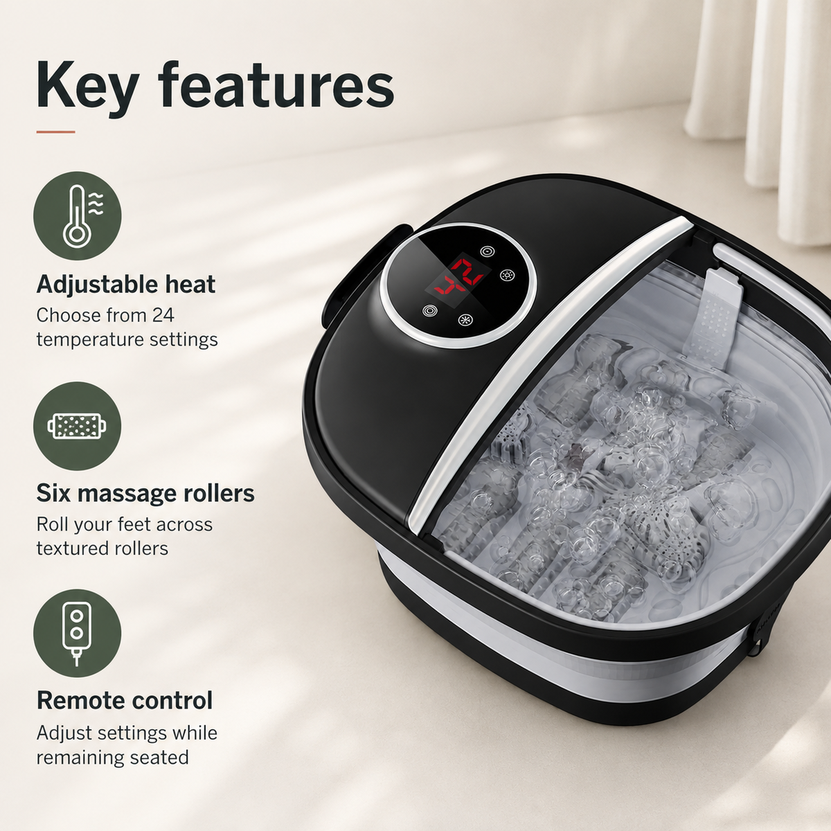 Collapsible Heated Foot Spa with 6 Massage Rollers, Bubbles, Remote Control, 24 Heat Settings and Timer