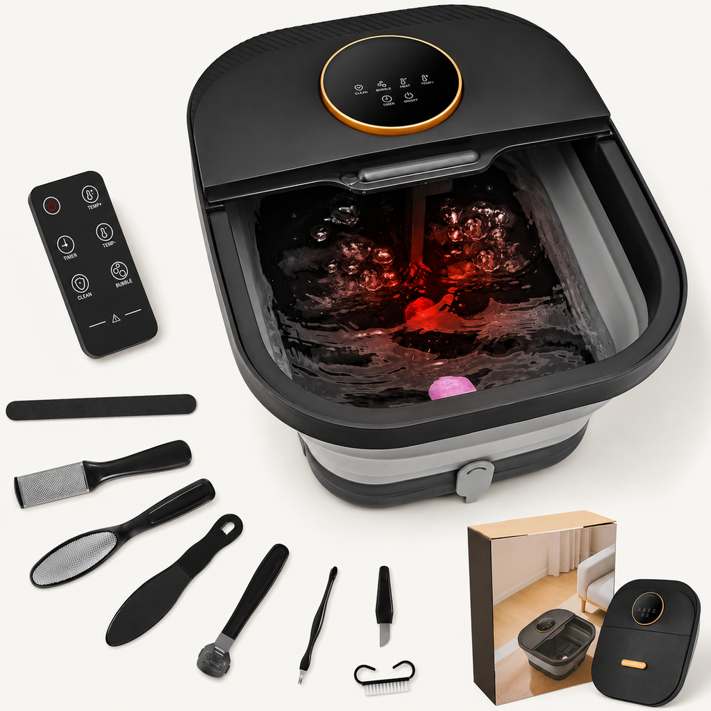 Collapsible Heated Foot Spa with 6 Massage Rollers, Bubbles, Remote Control and Plus-Size Basin