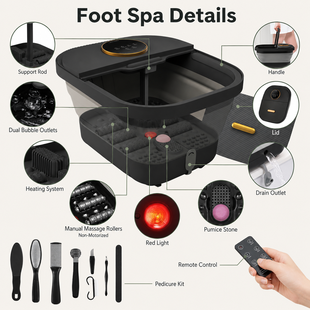 Collapsible Heated Foot Spa with 6 Massage Rollers, Bubbles, Remote Control and Plus-Size Basin