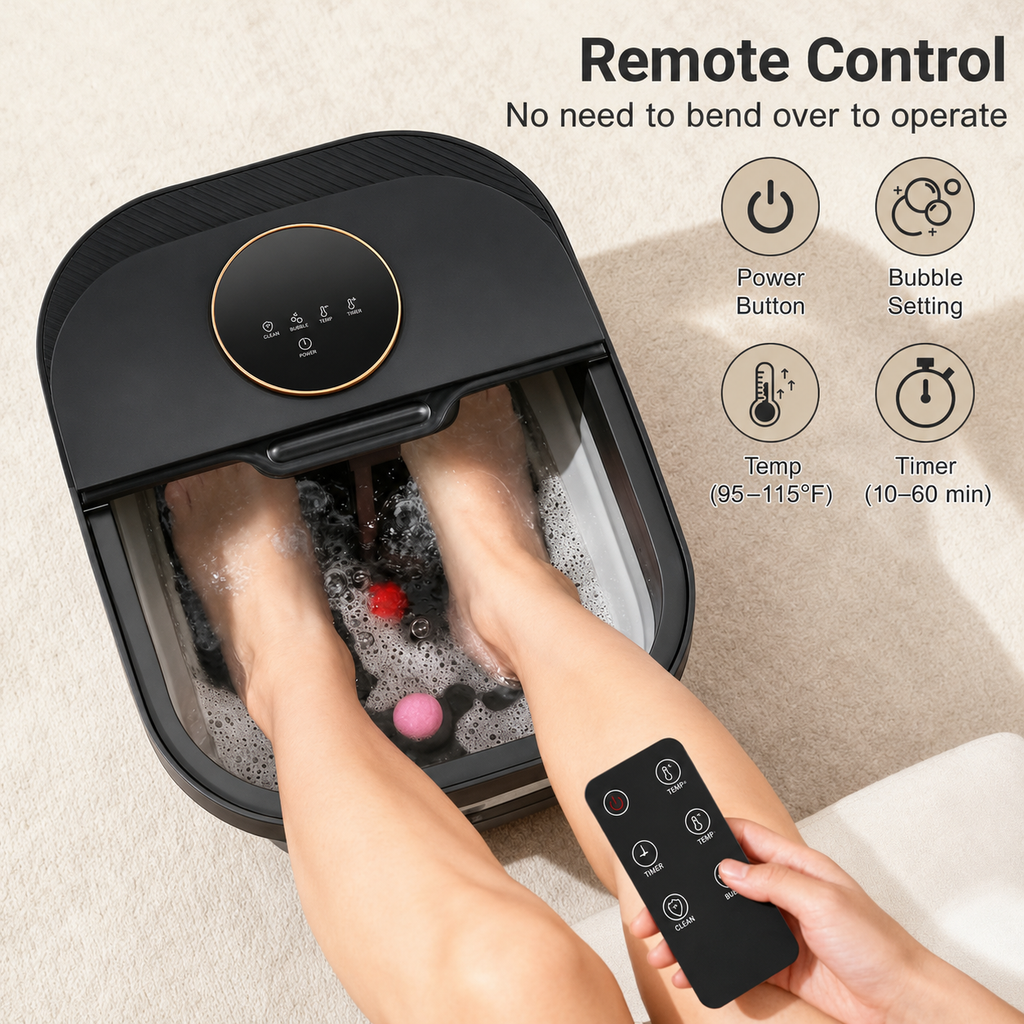 Collapsible Heated Foot Spa with 6 Massage Rollers, Bubbles, Remote Control and Plus-Size Basin