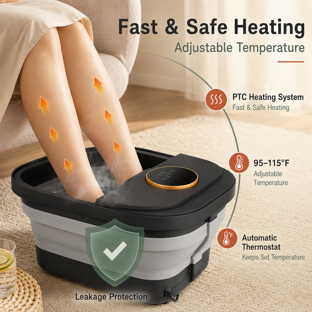 Collapsible Heated Foot Spa with 6 Massage Rollers, Bubbles, Remote Control and Plus-Size Basin