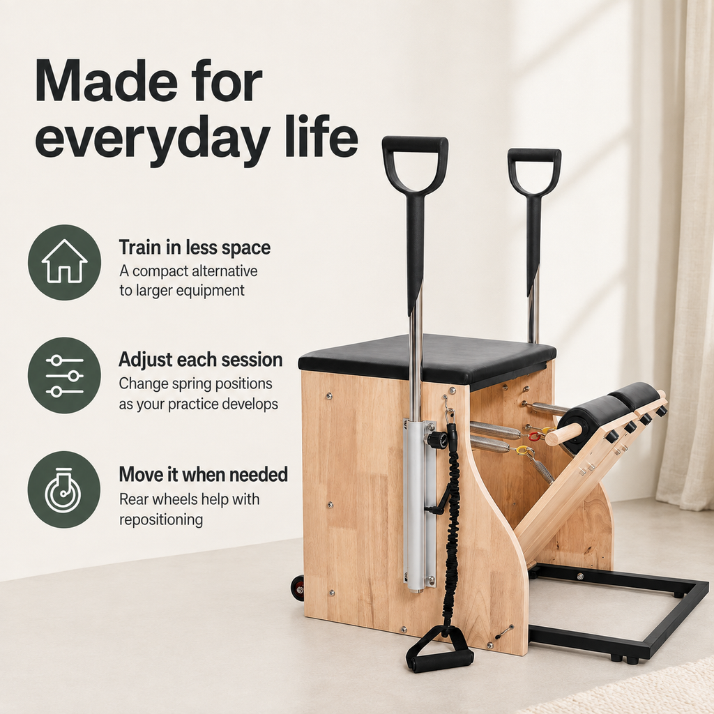 Compact Pilates Reformer Chair with 4 Adjustable Springs, Fold-Up Split Pedal, Support Handles and 350 lb Capacity