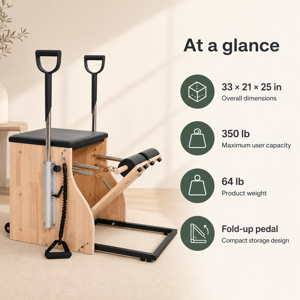 Compact Pilates Reformer Chair with 4 Adjustable Springs, Fold-Up Split Pedal, Support Handles and 350 lb Capacity