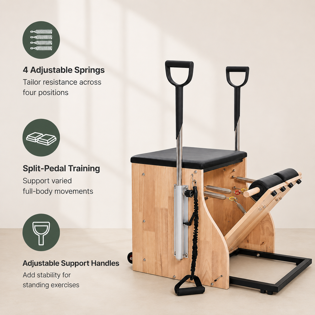 Compact Pilates Reformer Chair with 4 Adjustable Springs, Fold-Up Split Pedal, Support Handles and 350 lb Capacity
