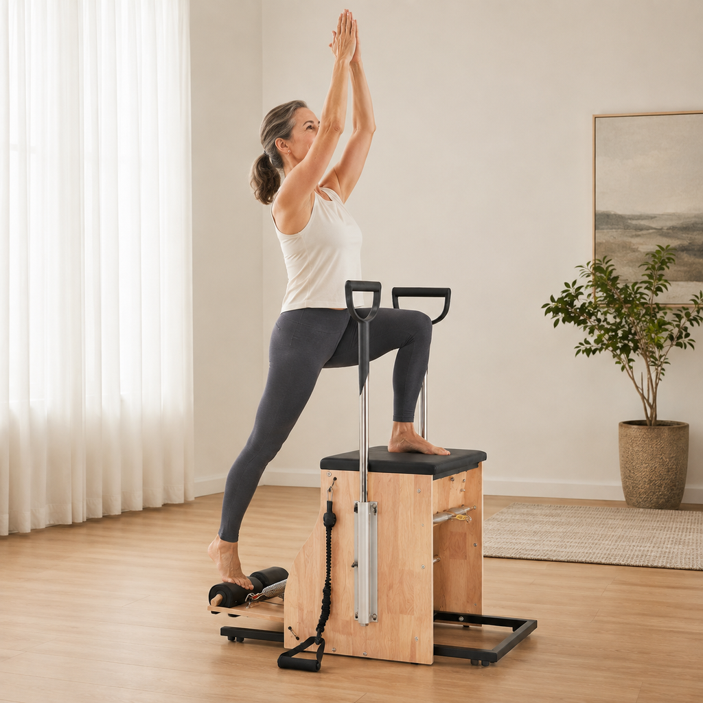 Compact Pilates Reformer Chair with 4 Adjustable Springs, Fold-Up Split Pedal, Support Handles and 350 lb Capacity