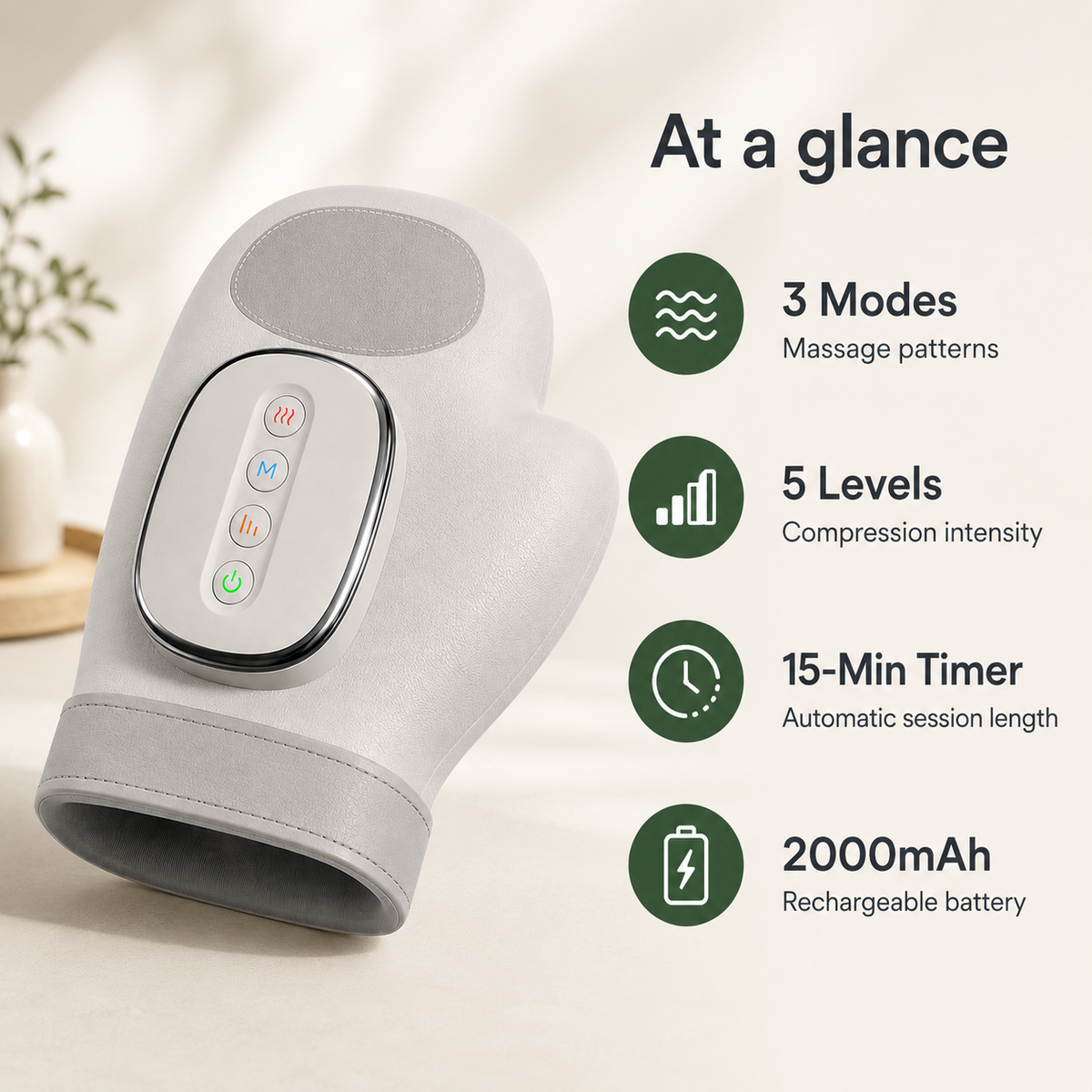 Cordless Hand Massager with Heat & Air Compression, 3 Modes, 5 Intensity Levels and 15-Minute Timer