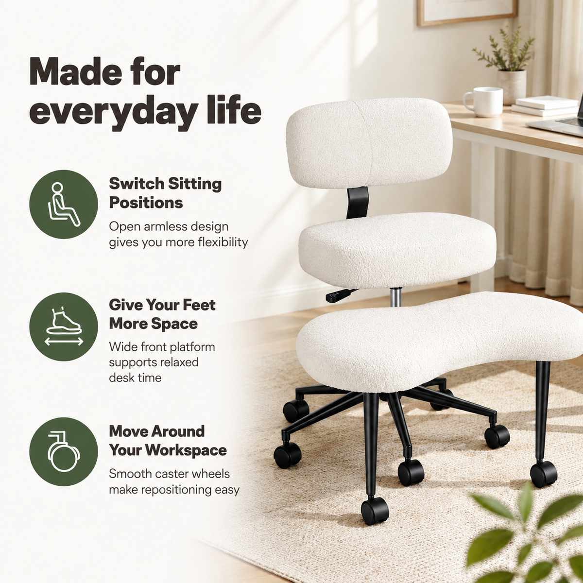 Cross-Legged Office Chair with Wide Rolling Footrest Platform, Armless Swivel Design, Lumbar Support & 350 lb Capacity