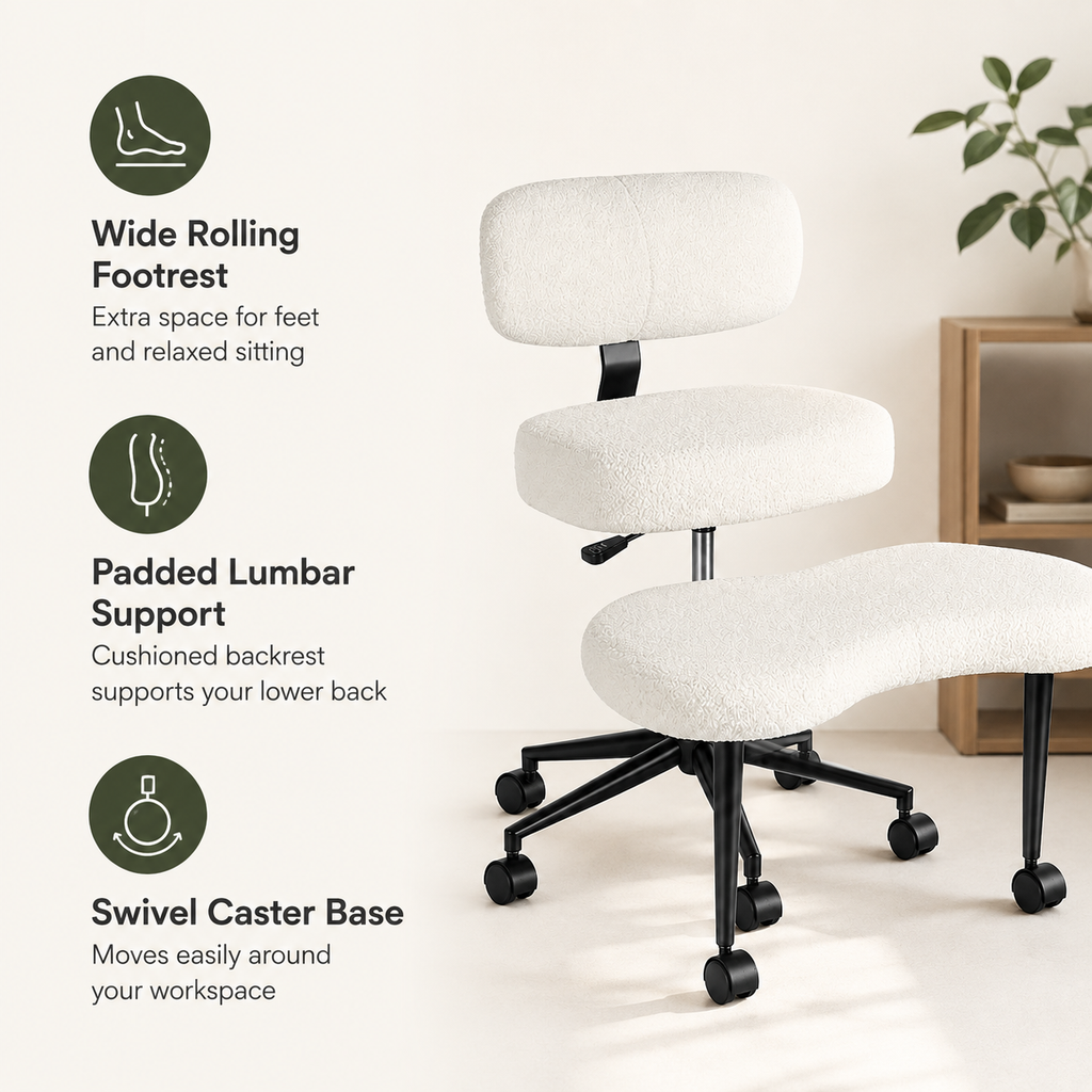 Cross-Legged Office Chair with Wide Rolling Footrest Platform, Armless Swivel Design, Lumbar Support & 350 lb Capacity