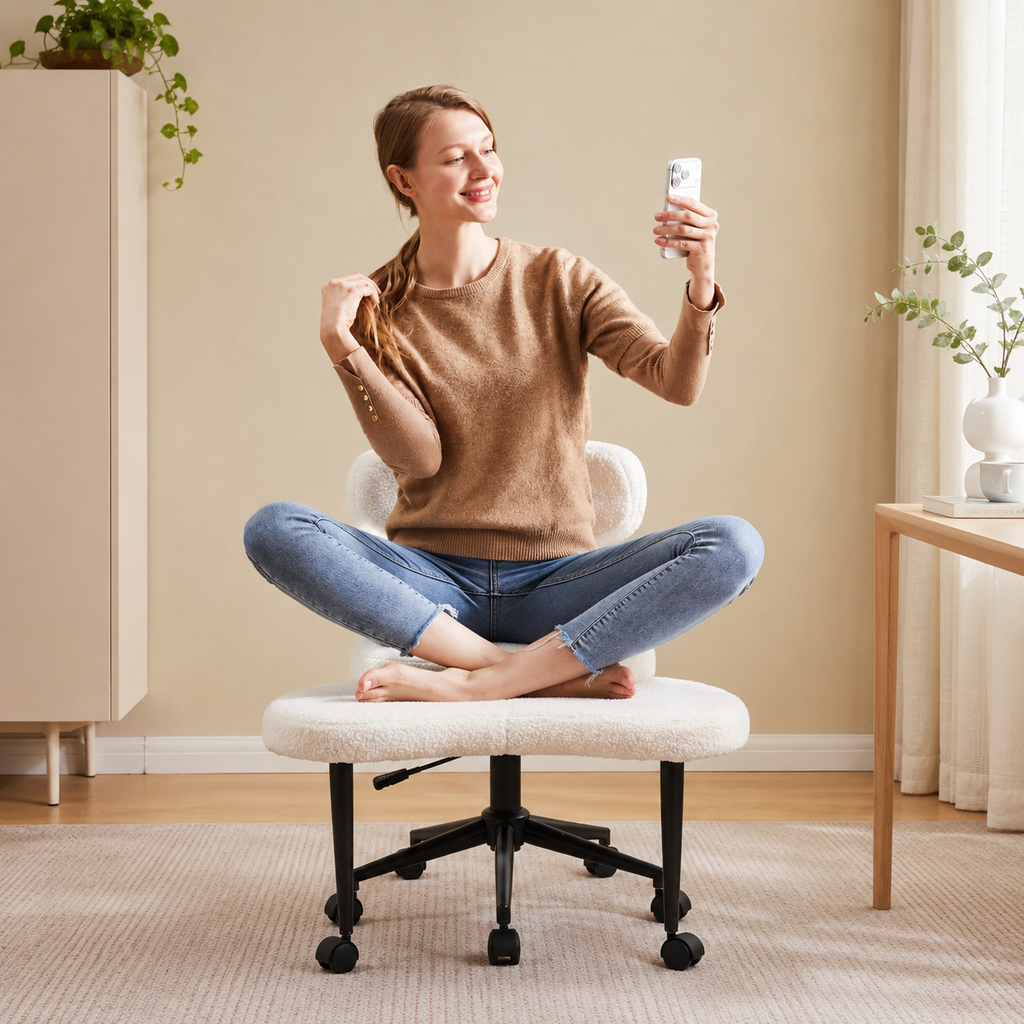 Cross-Legged Office Chair with Wide Rolling Footrest Platform, Armless Swivel Design, Lumbar Support & 350 lb Capacity