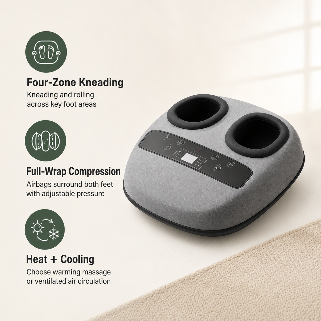 Deep-Kneading Shiatsu Foot Massager with Heat, Cooling, Air Compression, 3 Modes, 3 Intensity Levels and Wireless Remote