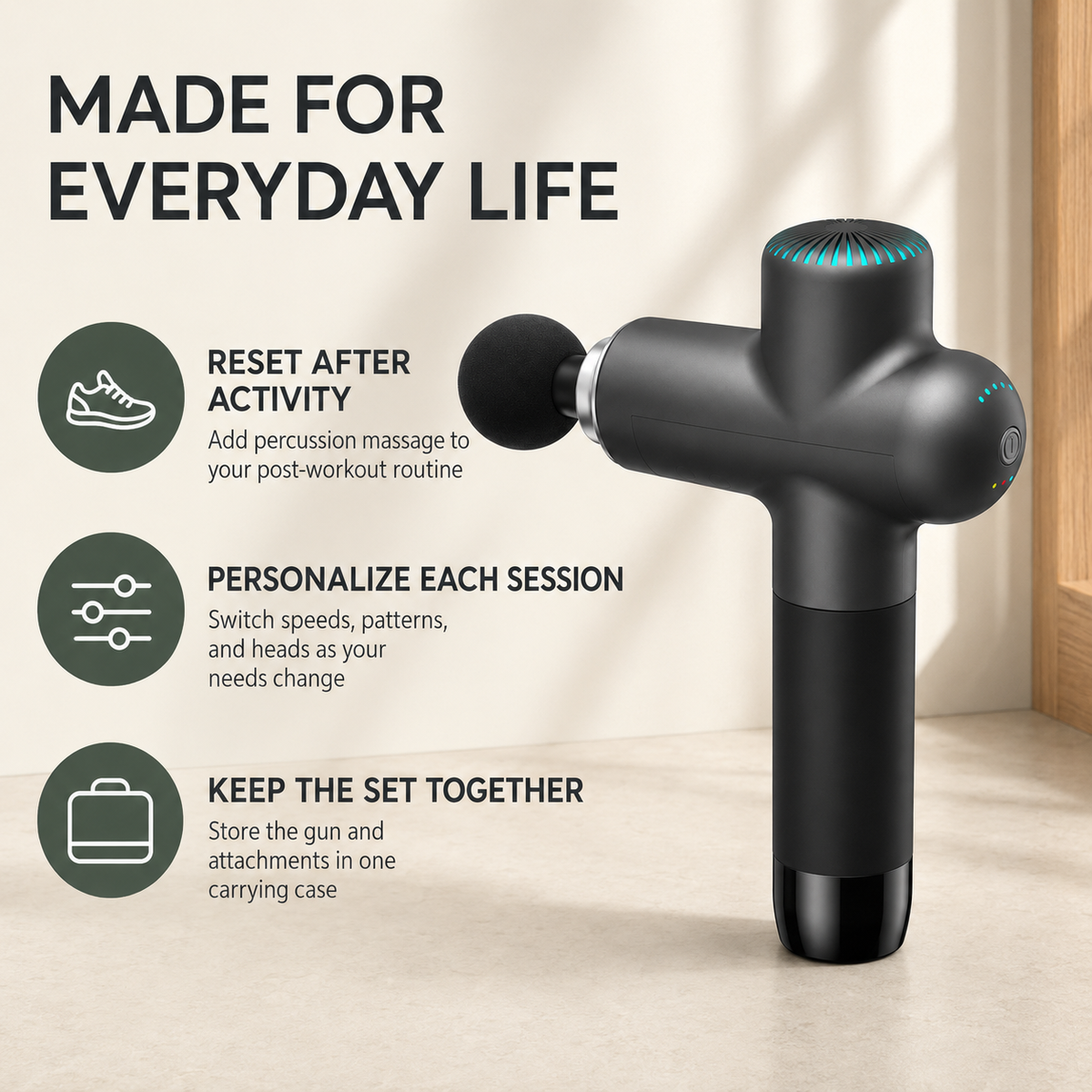 Deep Tissue Massage Gun with Heated Head, 8 Attachments, 5 Speeds and 3 Vibration Modes