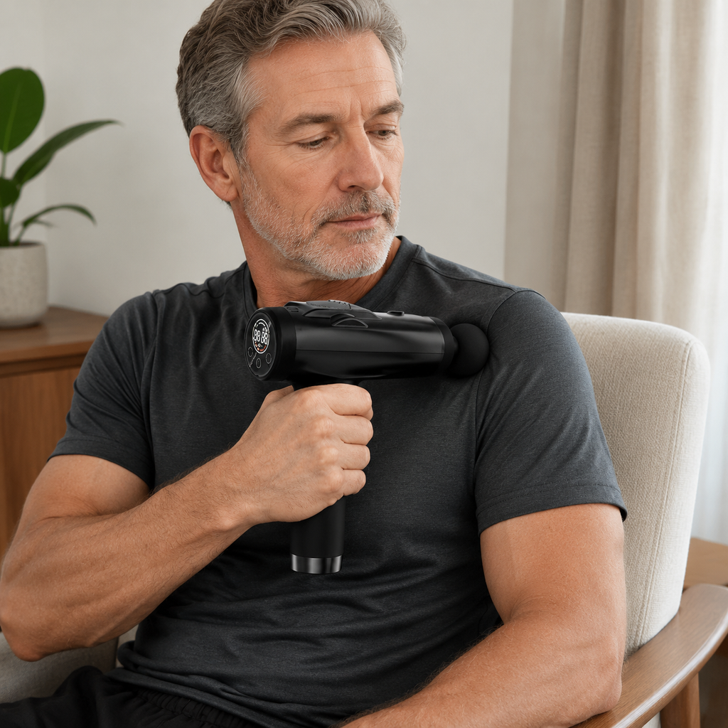 Dual-Head Deep Tissue Massage Gun with LCD Touch Controls, Rechargeable Design and 12 Attachments