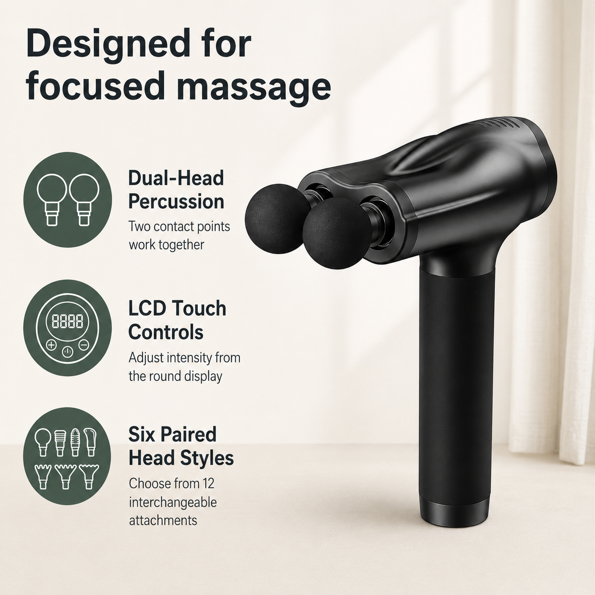 Dual-Head Deep Tissue Massage Gun with LCD Touch Controls, Rechargeable Design and 12 Attachments