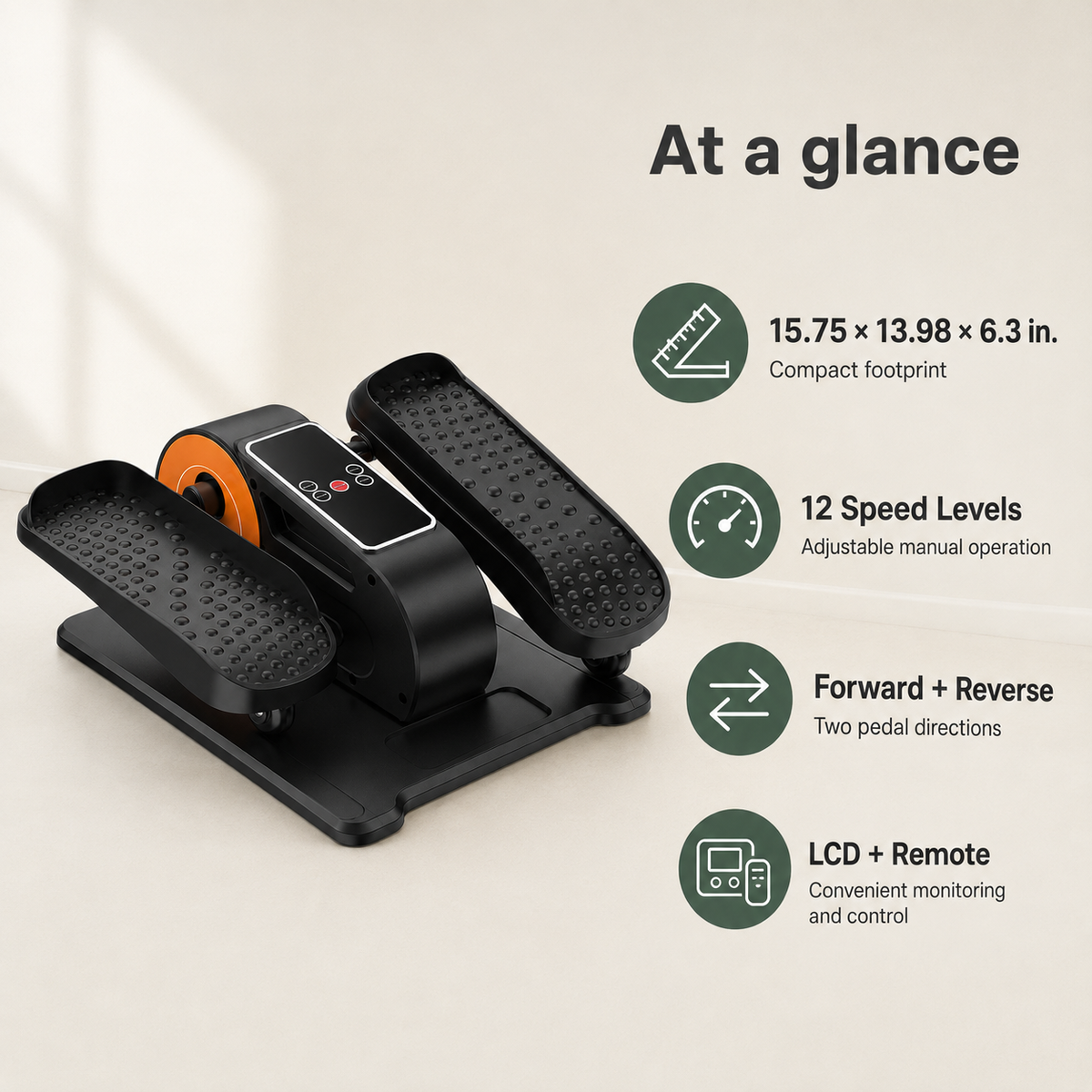 Electric Under Desk Elliptical Machine with 12 Speeds, Remote Control, 3 Auto Programs and Forward/Reverse Motion