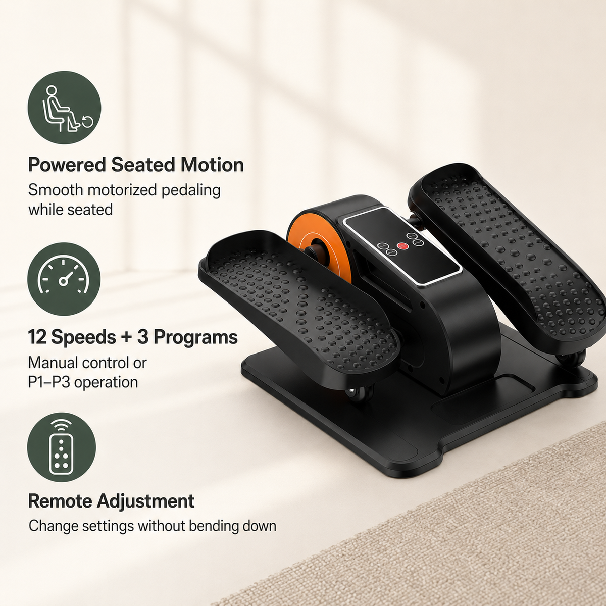 Electric Under Desk Elliptical Machine with 12 Speeds, Remote Control, 3 Auto Programs and Forward/Reverse Motion