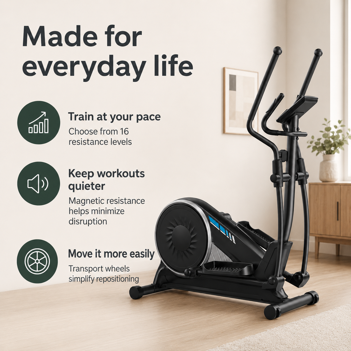 Elliptical Exercise Machine with 16-Level Magnetic Resistance, 15.5-Inch Stride & 350 lb Capacity