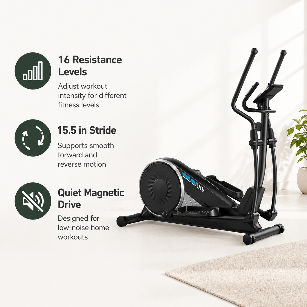 Elliptical Exercise Machine with 16-Level Magnetic Resistance, 15.5-Inch Stride & 350 lb Capacity