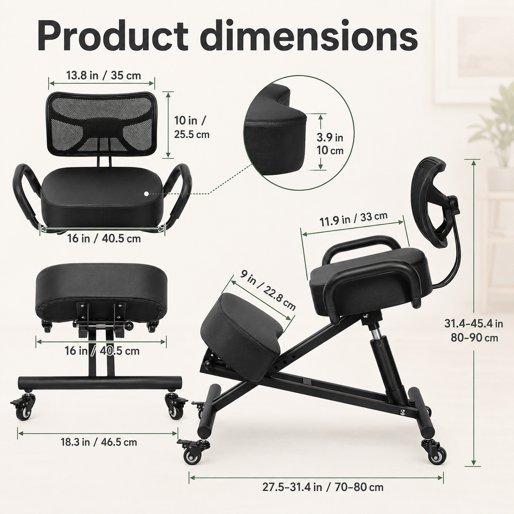 Ergonomic Kneeling Chair with Back Support, Adjustable Seat & 5-Position Knee Pad with Locking Casters for Home Office