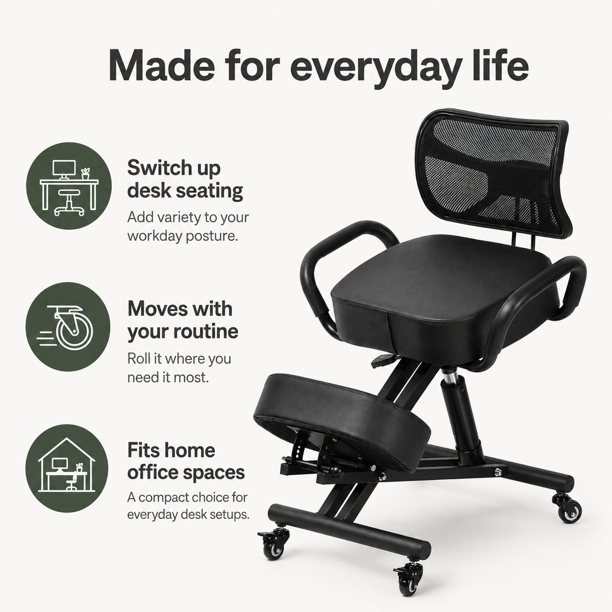 Ergonomic Kneeling Chair with Back Support, Adjustable Seat & 5-Position Knee Pad with Locking Casters for Home Office