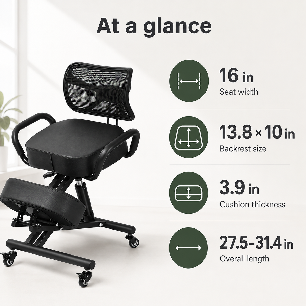 Ergonomic Kneeling Chair with Back Support, Adjustable Seat & 5-Position Knee Pad with Locking Casters for Home Office