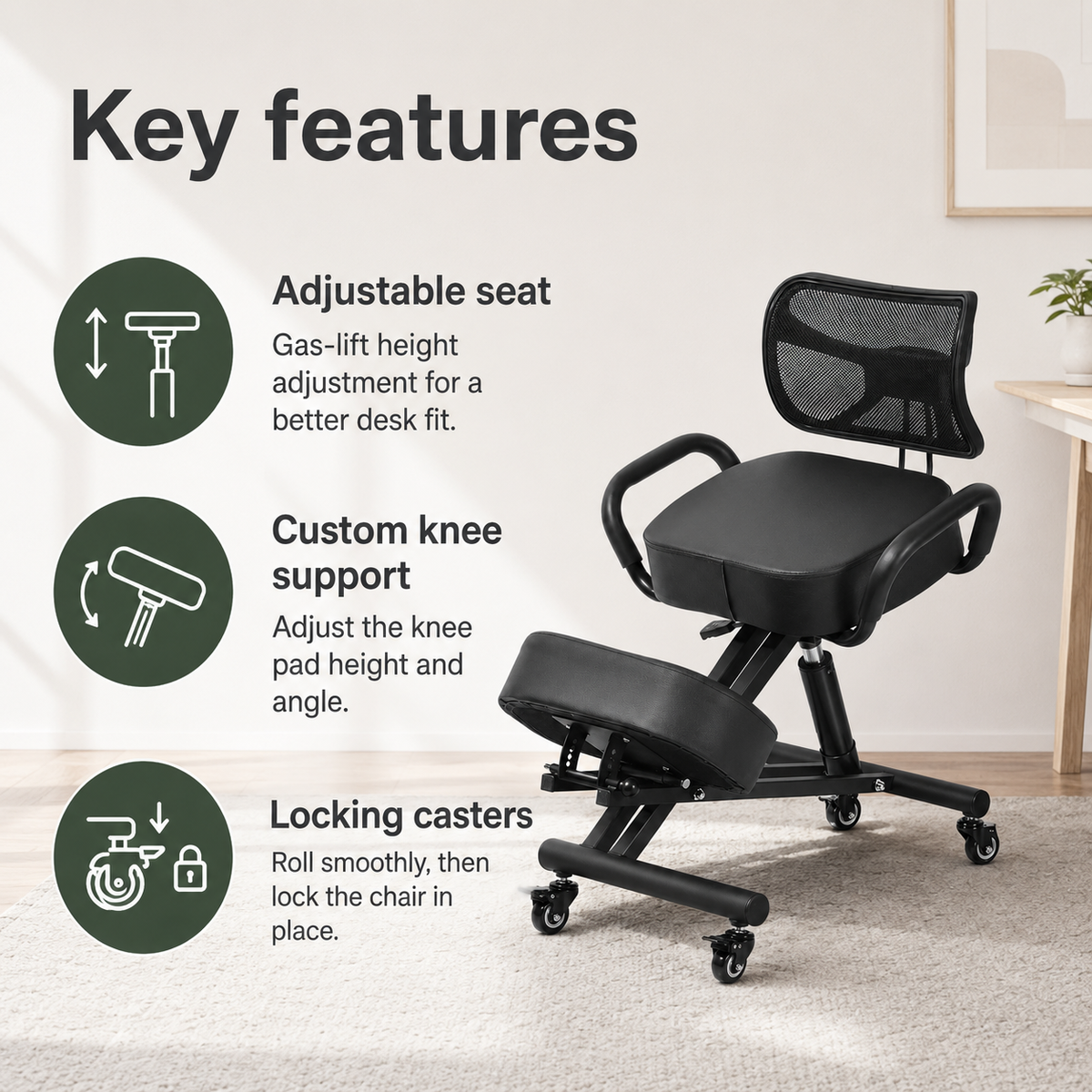 Ergonomic Kneeling Chair with Back Support, Adjustable Seat & 5-Position Knee Pad with Locking Casters for Home Office