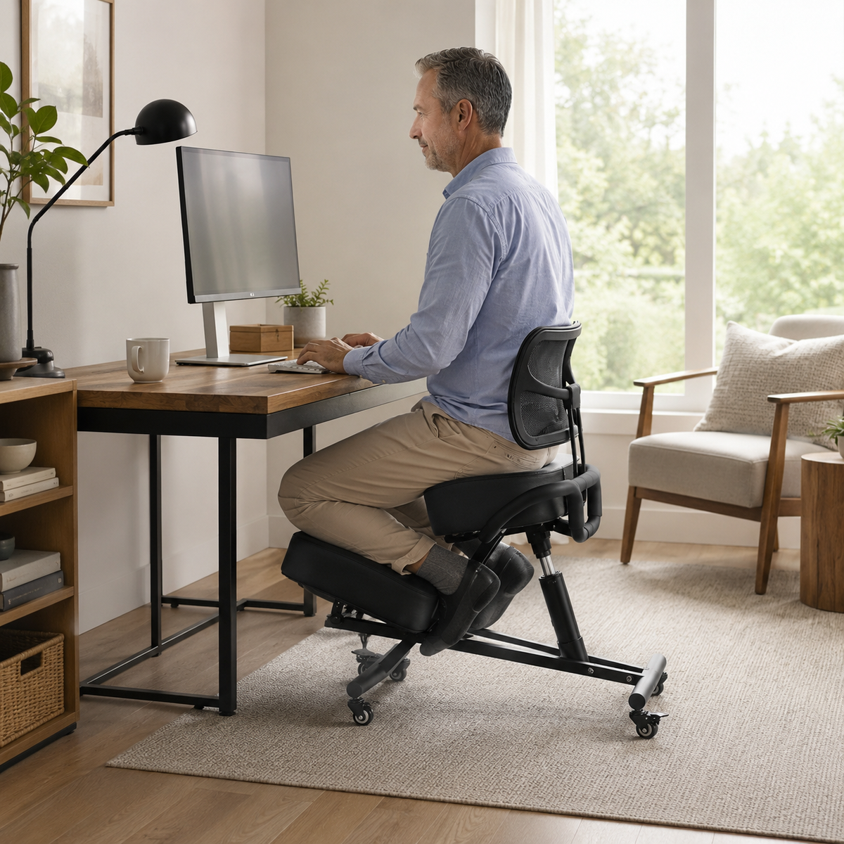 Ergonomic Kneeling Chair with Back Support, Adjustable Seat & 5-Position Knee Pad with Locking Casters for Home Office