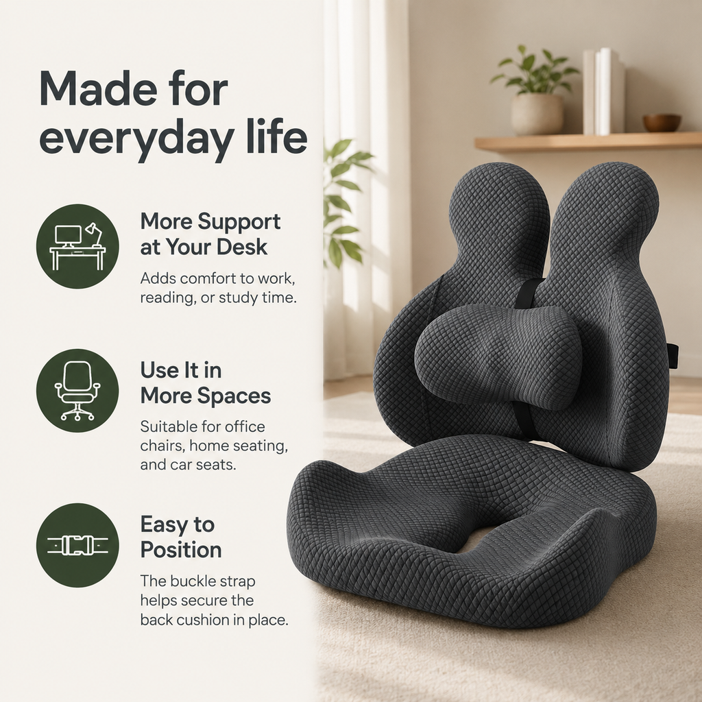Ergonomic Memory Foam Lumbar Support Pillow & Seat Cushion Set with Adjustable Back Pad for Office, Home & Car