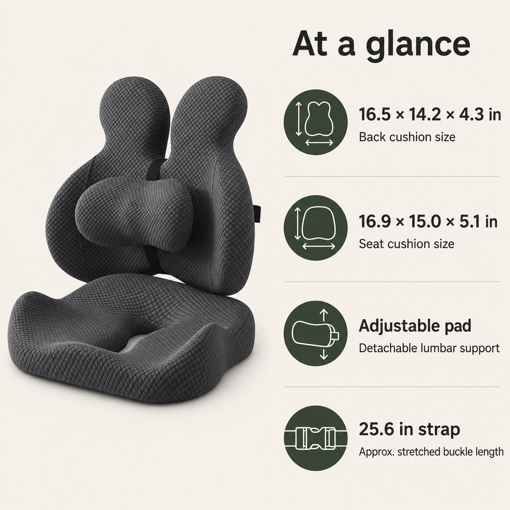 Ergonomic Memory Foam Lumbar Support Pillow & Seat Cushion Set with Adjustable Back Pad for Office, Home & Car