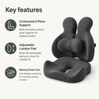 Ergonomic Memory Foam Lumbar Support Pillow & Seat Cushion Set with Adjustable Back Pad for Office, Home & Car