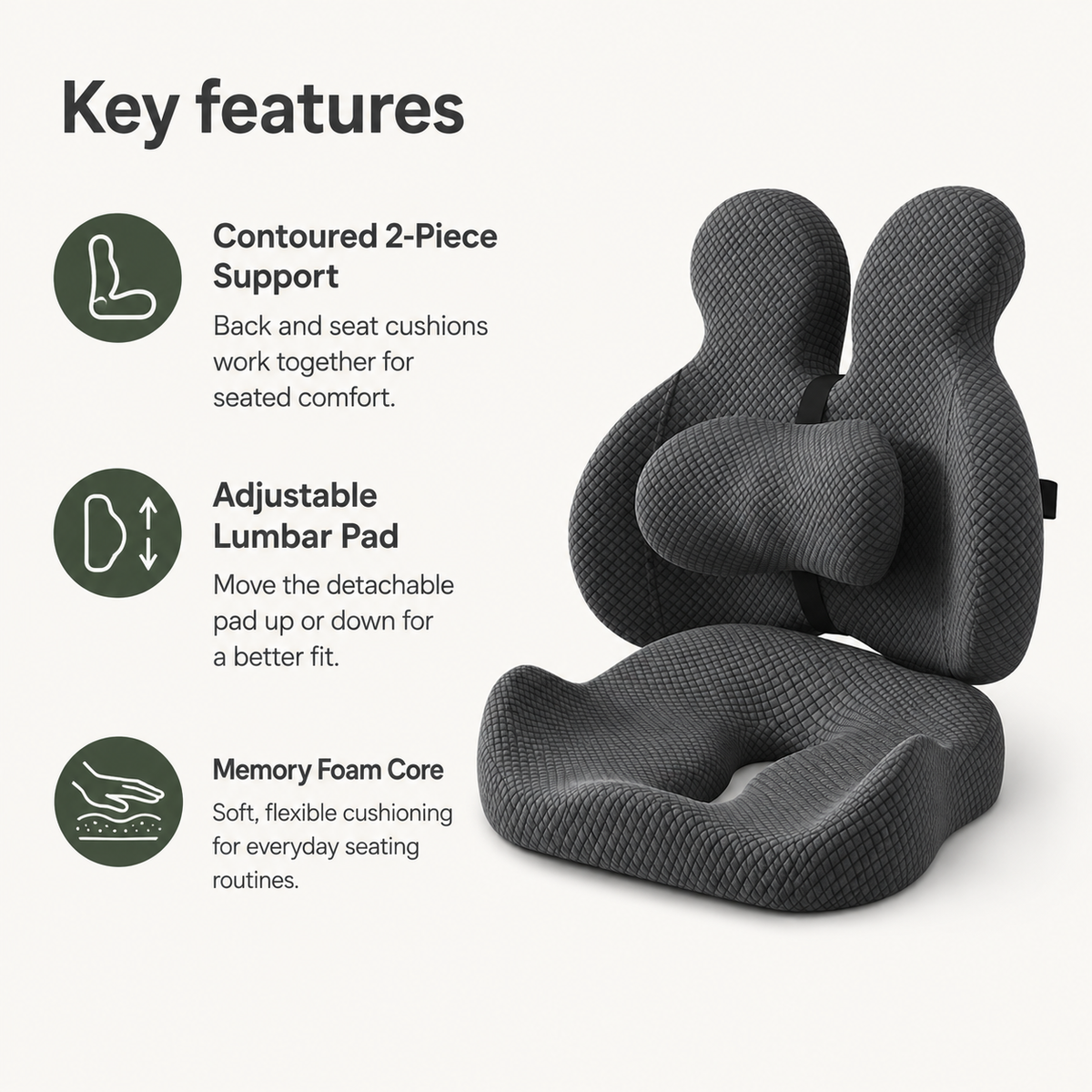 Ergonomic Memory Foam Lumbar Support Pillow & Seat Cushion Set with Adjustable Back Pad for Office, Home & Car
