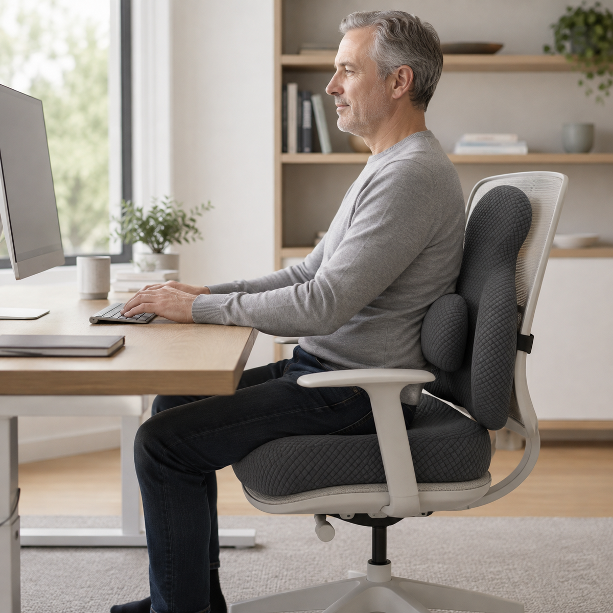 Ergonomic Memory Foam Lumbar Support Pillow & Seat Cushion Set with Adjustable Back Pad for Office, Home & Car