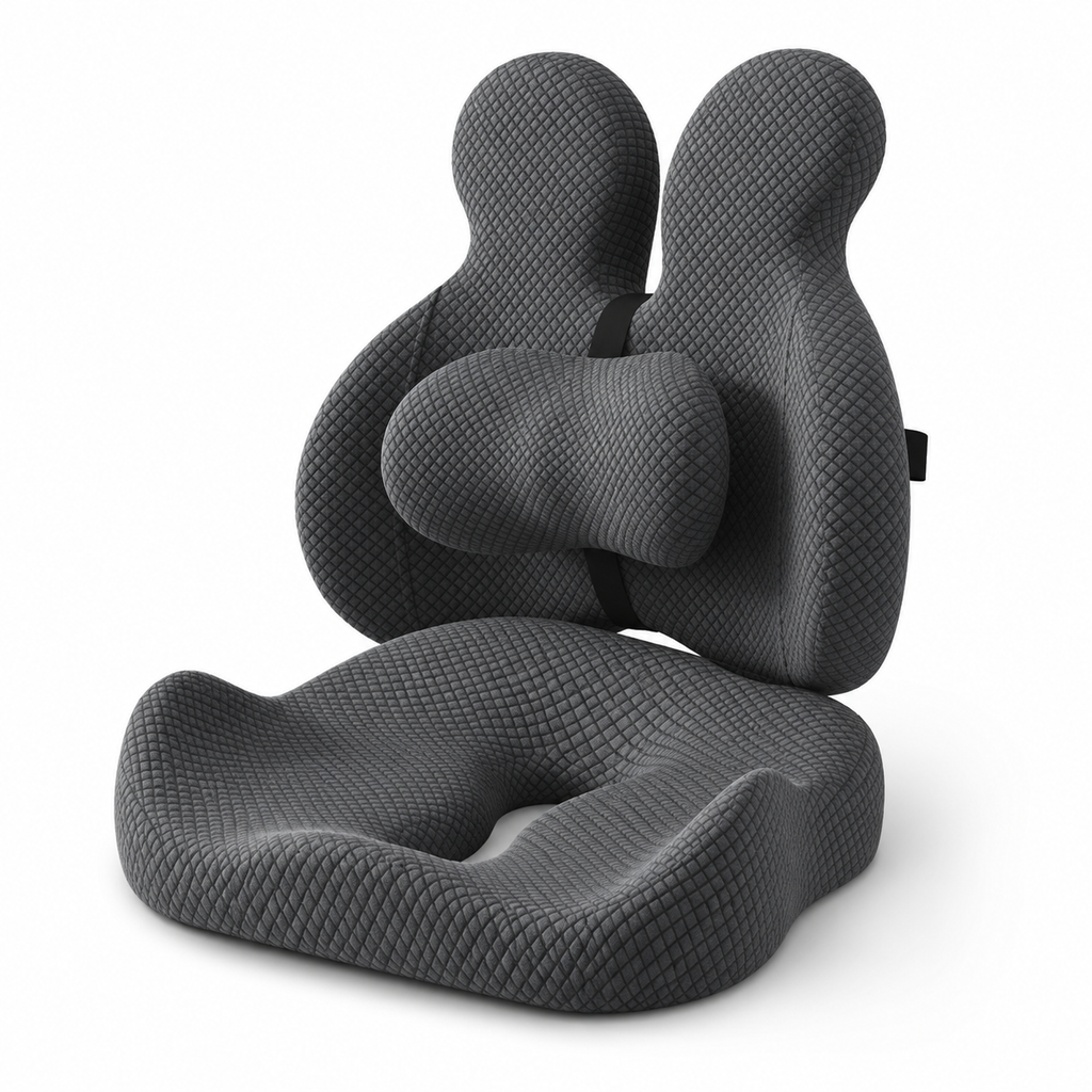 Ergonomic Memory Foam Lumbar Support Pillow & Seat Cushion Set with Adjustable Back Pad for Office, Home & Car